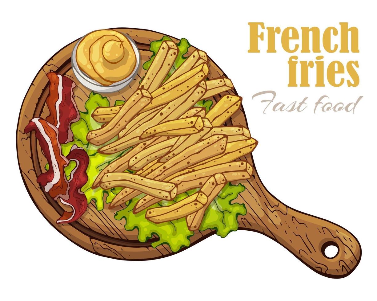 illustrations vectorielles sur le thème de la restauration rapide frites sur une planche vecteur