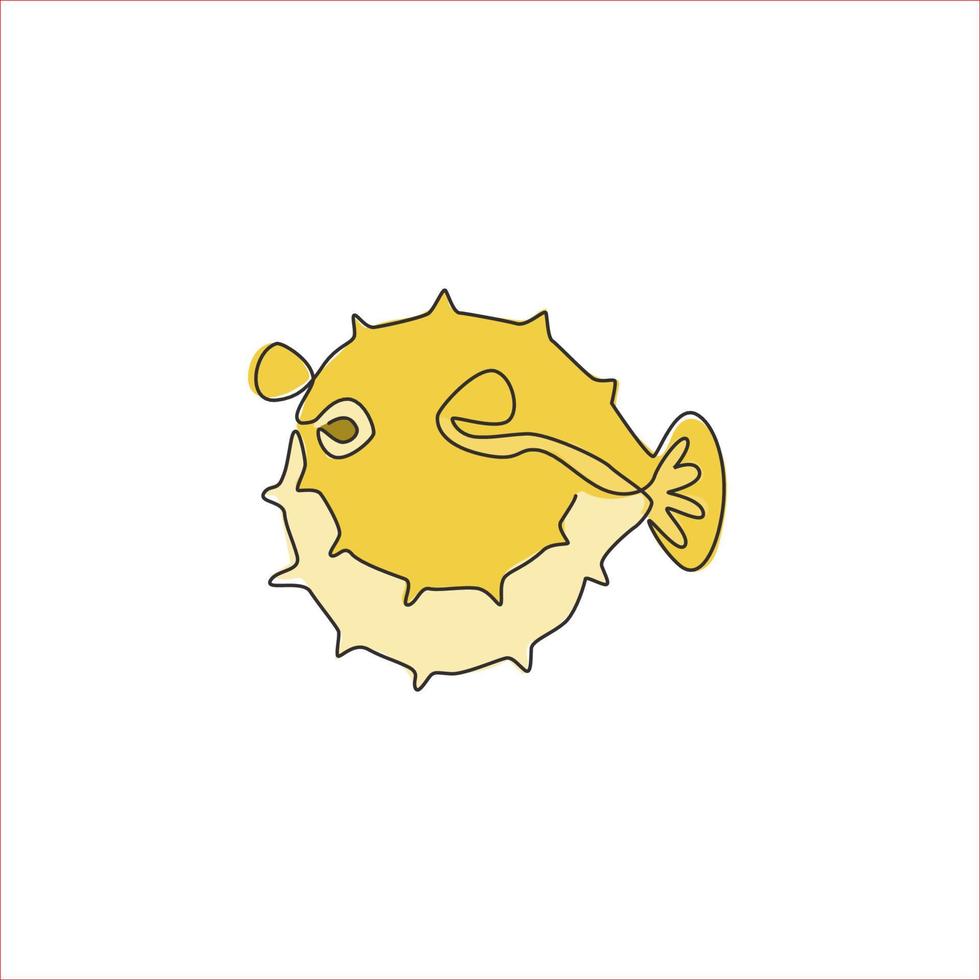 un seul dessin au trait de poisson-globe de beauté pour l'identité du logo de l'entreprise aquatique. concept de mascotte de poisson ballon pour l'icône du spectacle du monde de la mer. ligne continue moderne dessiner illustration vectorielle de conception vecteur