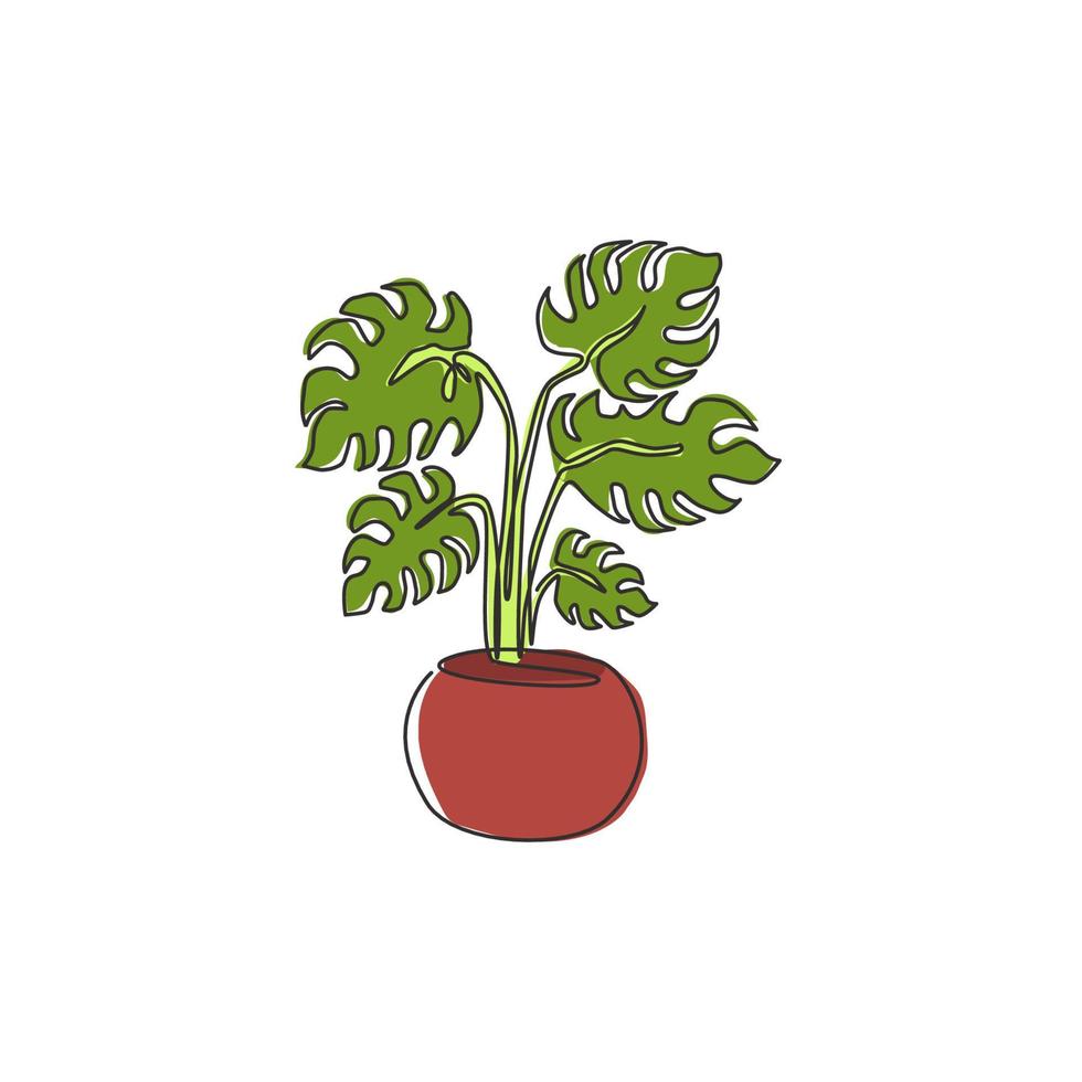 une seule ligne continue dessinant une plante de monstera à feuilles tropicales en pot exotique. concept de plante d'intérieur décorative imprimable pour l'ornement de décoration murale. Une ligne moderne dessiner illustration vectorielle graphique de conception vecteur