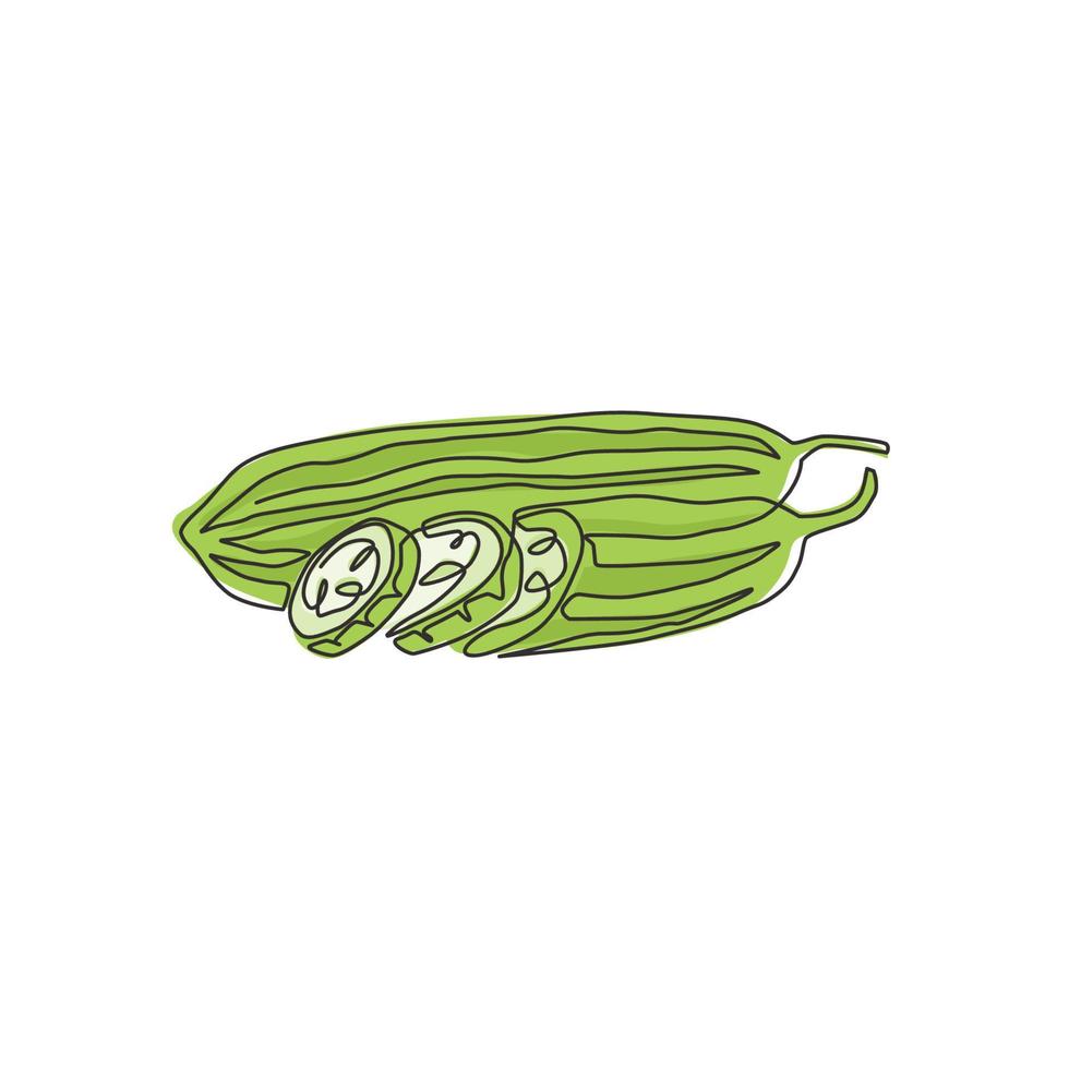 dessin au trait continu unique d'une gourde éponge organique saine entière et tranchée pour l'identité du logo. concept de luffa vietnamien frais pour l'icône de légumes. Une ligne moderne dessiner illustration vectorielle de conception vecteur