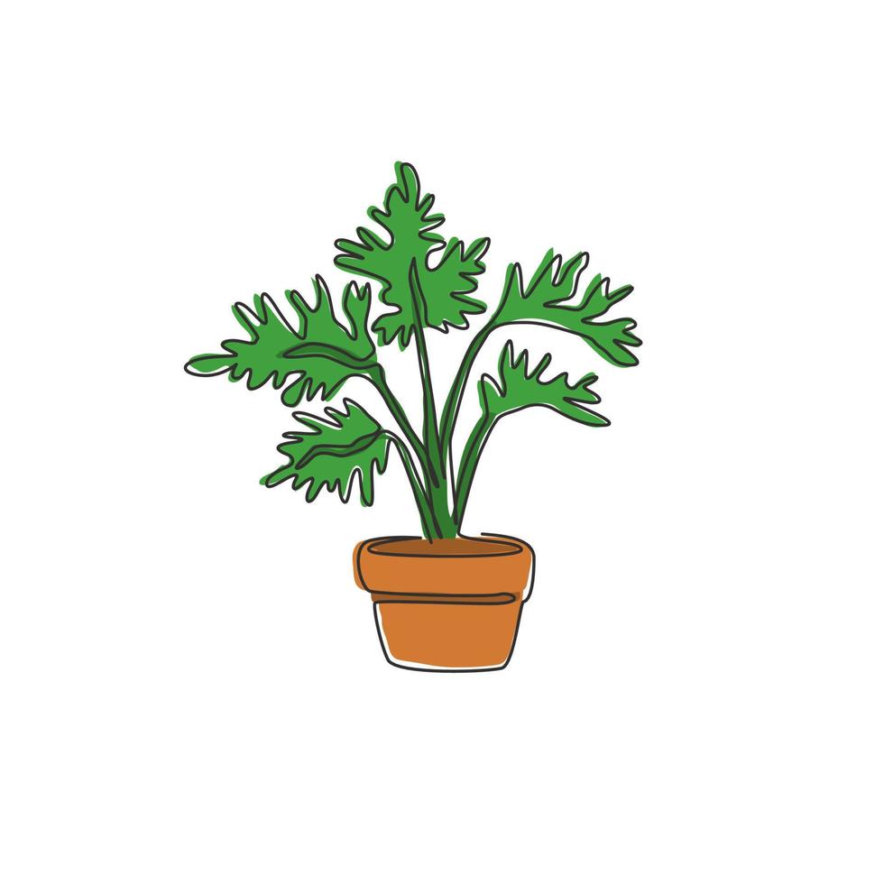 dessin au trait continu simple plante à feuilles tropicales mignonne en pot. concept imprimable de plante d'intérieur philodendron selloum pour l'ornement de décoration murale. Une ligne moderne dessiner illustration vectorielle graphique de conception vecteur