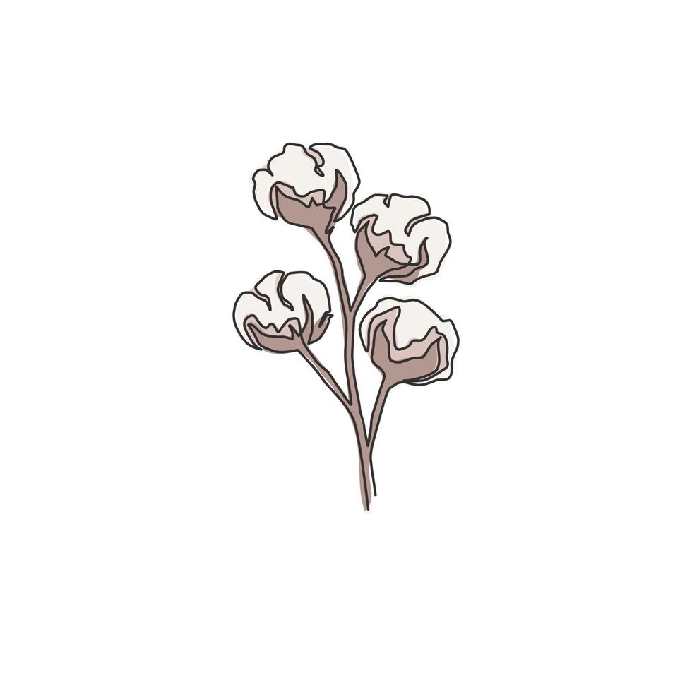 un dessin au trait continu d'une fleur de coton entière douce et moelleuse pour l'identité du logo de l'agriculture. concept de fleur de fibre discontinue pour l'icône de jardin. Illustration vectorielle de conception graphique moderne à une seule ligne vecteur