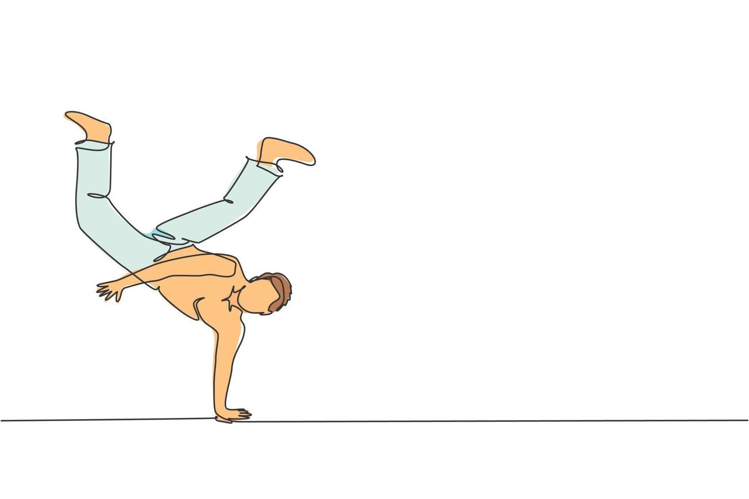 dessin en ligne continue d'un jeune homme sportif pratique la danse de mouvement de capoeira brésilienne dans la rue extérieure. concept d'art martial et de sport de culture. illustration vectorielle de conception de dessin à une ligne à la mode vecteur