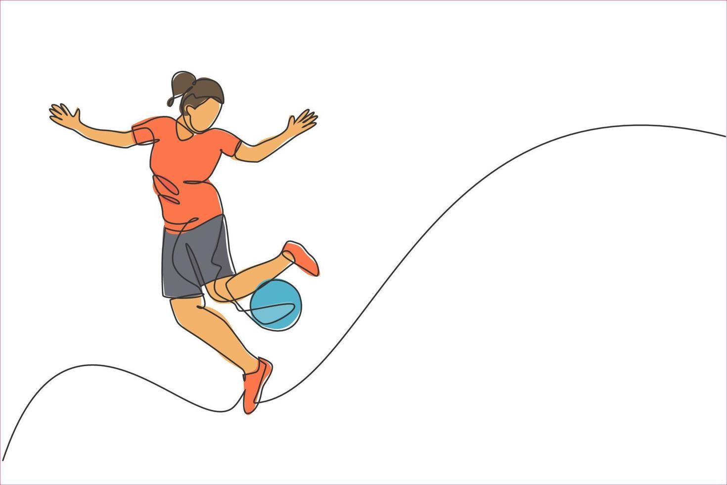 une seule ligne dessinant une jeune femme heureuse effectuer un freestyle de football, jongler avec une balle au graphique d'illustration vectorielle de la place de la ville. concept de sport de freestyler de football. conception moderne de dessin en ligne continue vecteur