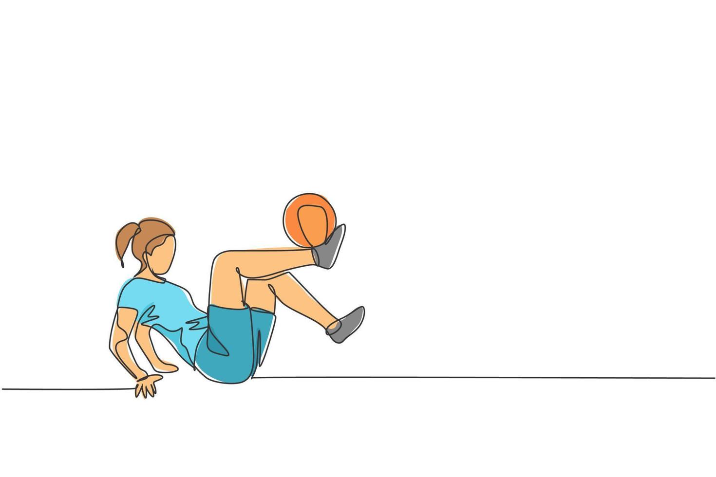 dessin en ligne continue d'une jeune femme sportive s'entraînant au football freestyle, jonglant avec le tibia sur le terrain. concept de freestyler de football. illustration vectorielle graphique de conception de dessin à une ligne à la mode vecteur