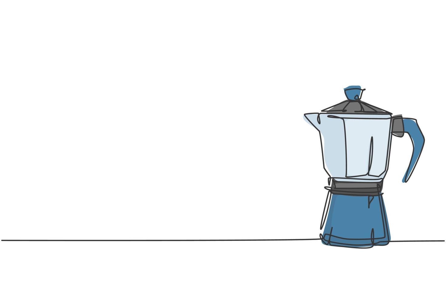 un seul dessin de cafetière au-dessus de la table au café. concept d'outils de machine à café électrique. illustration de conception de vecteur de dessin graphique en ligne continue dynamique