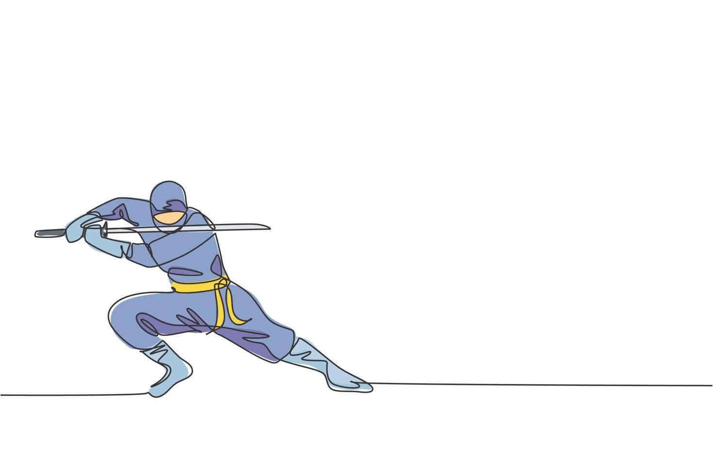 dessin en ligne continue d'un jeune guerrier ninja de la culture japonaise sur un costume de masque avec une pose de position d'attaque. concept de samouraï de combat d'art martial. illustration vectorielle de conception de dessin à une ligne à la mode vecteur