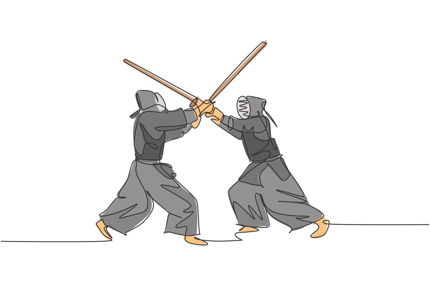 un dessin en ligne continu de deux jeunes hommes sportifs s'entraînant à l'attaque et à la défense du kendo dans le centre du dojo. concept de sport d'art martial sain. illustration vectorielle de dessin dynamique à une seule ligne vecteur