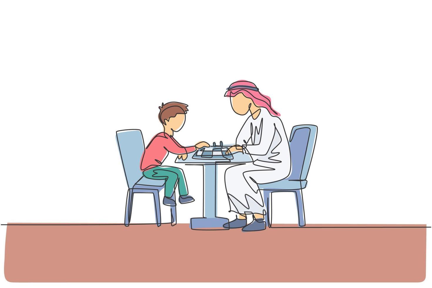 un seul dessin de jeune père et fils arabes jouant sérieusement aux échecs ensemble à la maison illustration vectorielle. heureux concept parental de famille musulmane islamique. conception de dessin de ligne continue moderne vecteur