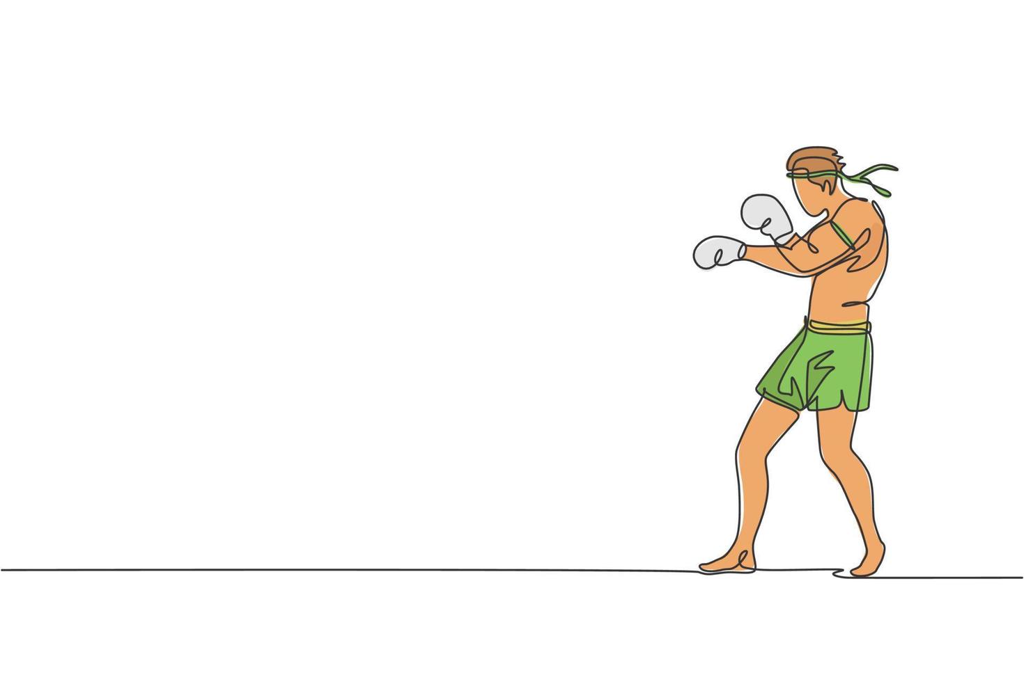 un seul dessin au trait d'un jeune combattant énergique muay thai faisant de l'exercice à l'illustration vectorielle de gym fitness centre graphique. concept de sport combatif de boxe thaïlandaise. conception moderne de dessin en ligne continue vecteur