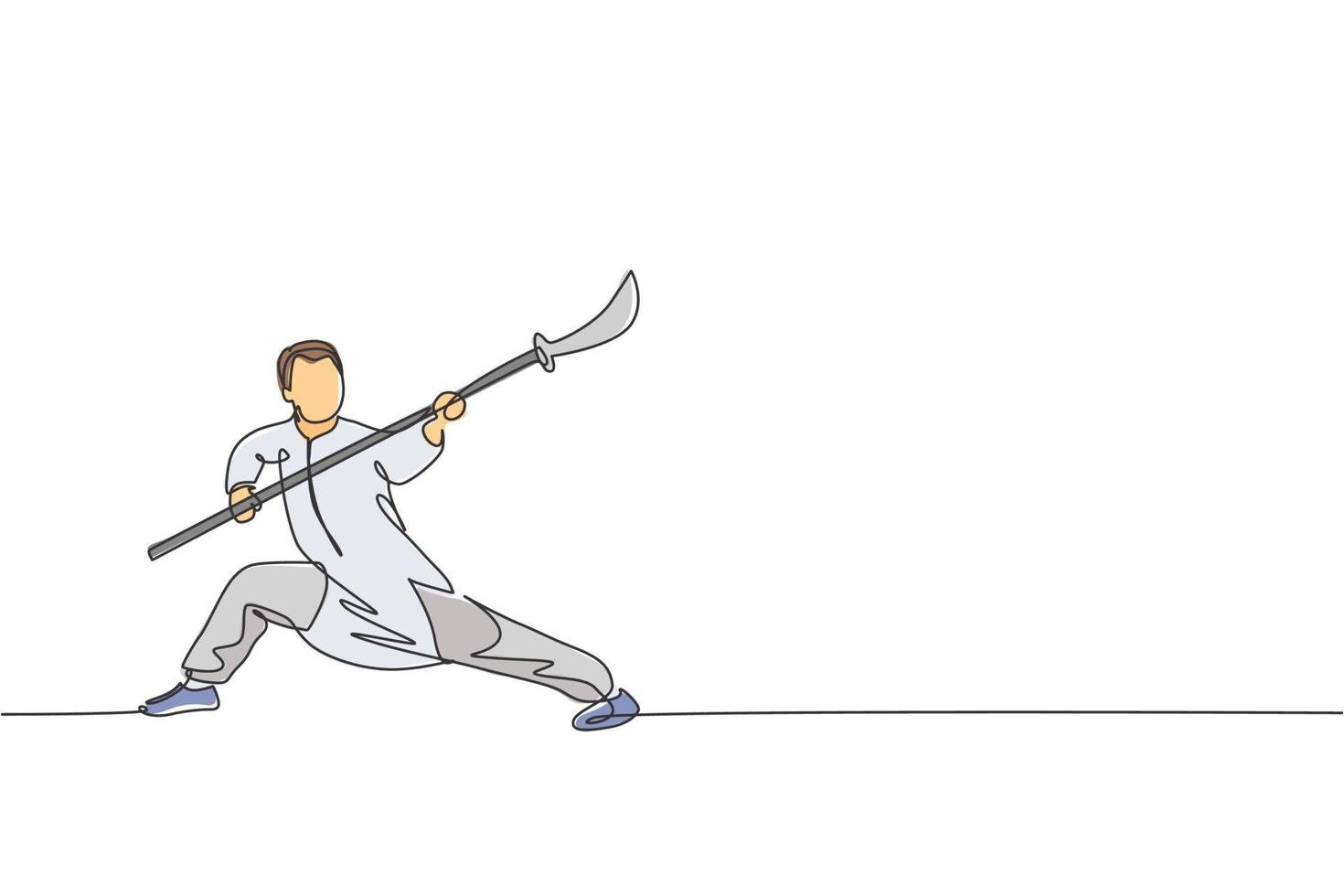 un dessin d'une seule ligne de jeune homme sur l'exercice de kimono wushu art martial, technique de kung fu avec lance sur l'illustration vectorielle du centre de gym. concept de sport de combat. conception moderne de dessin en ligne continue vecteur
