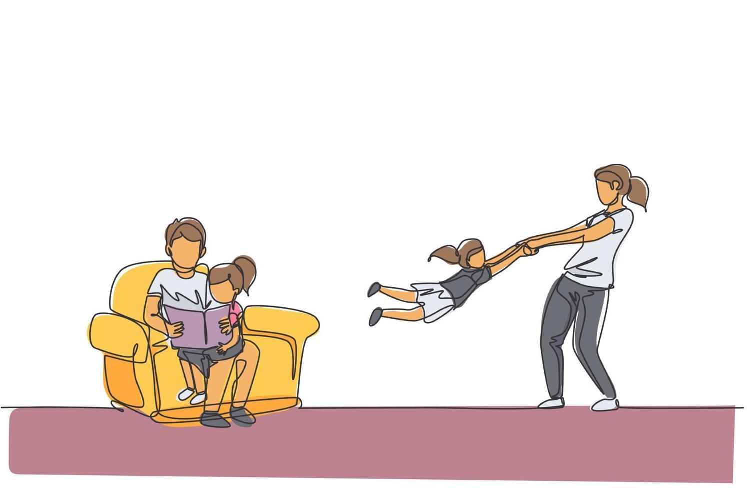 un dessin au trait continu d'une jeune maman jouant avec sa fille pendant que papa est assis sur un canapé et lit un livre. concept de parentalité familiale heureuse. illustration vectorielle de dessin dynamique à une seule ligne vecteur