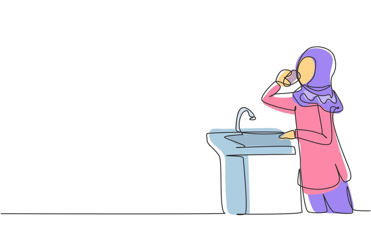 une seule ligne dessinant l'eau potable d'une fille arabe du robinet prêt à boire. soif et déshydratation dues à la chaleur pendant la journée. instant frais. ligne continue dessiner illustration vectorielle graphique de conception vecteur