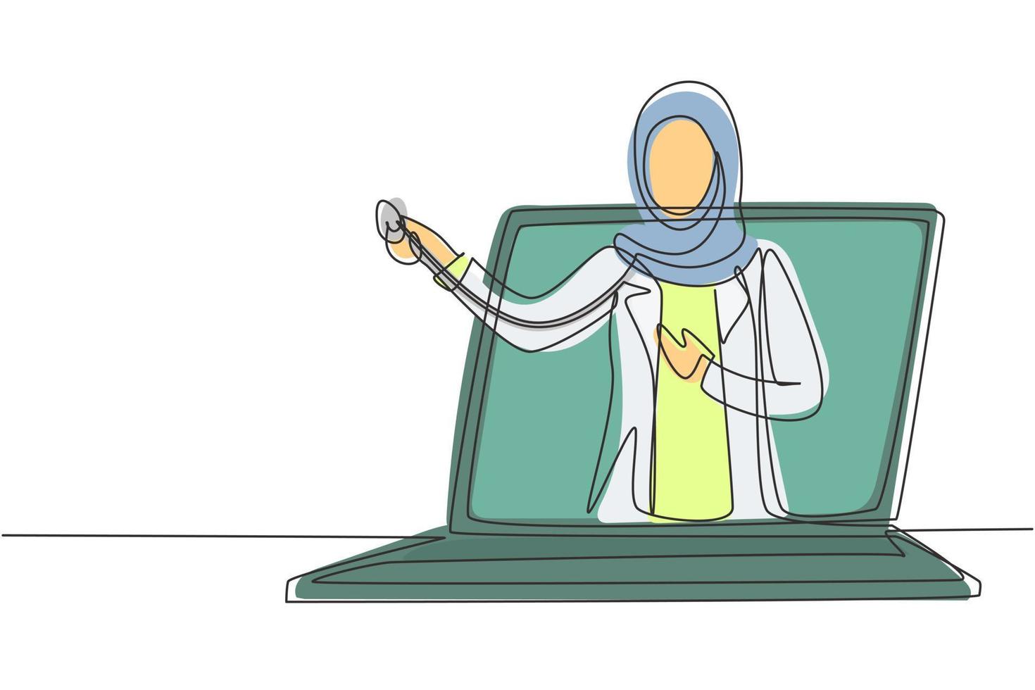Une femme médecin hijab en continu sort de l'écran d'un ordinateur portable tenant un stéthoscope. services médicaux en ligne, consultation médicale. illustration graphique de vecteur de conception de dessin à une seule ligne