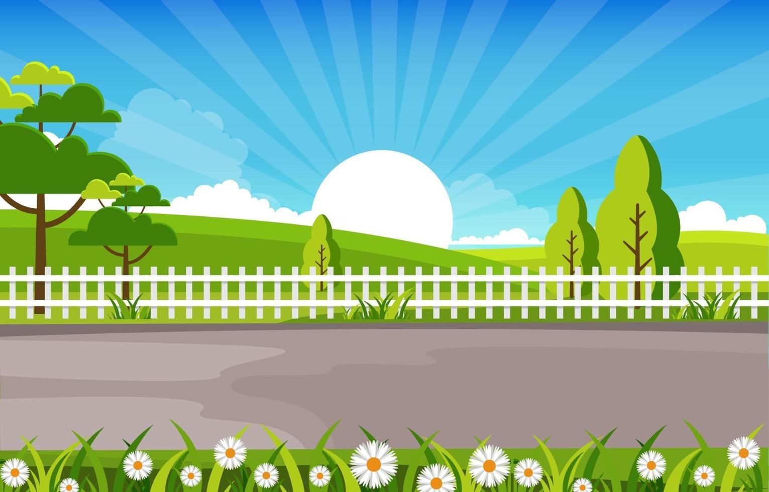 scène d'été avec clôture, arbres et illustration du soleil vecteur