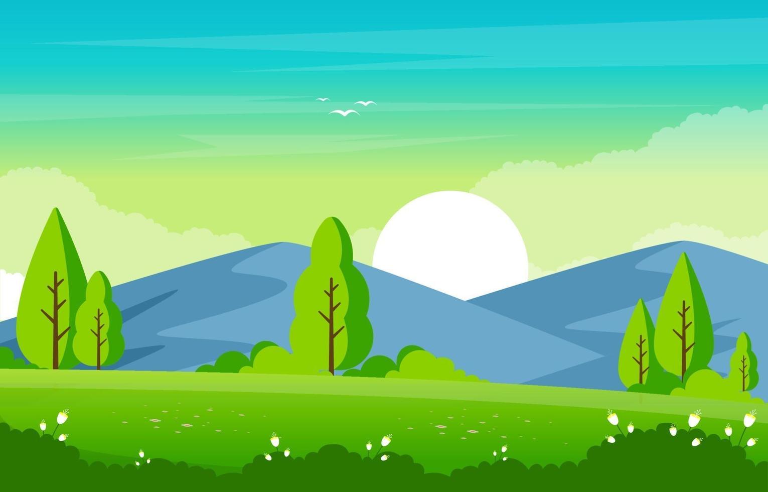 scène d & # 39; été avec des montagnes et illustration de paysage de champ vert vecteur