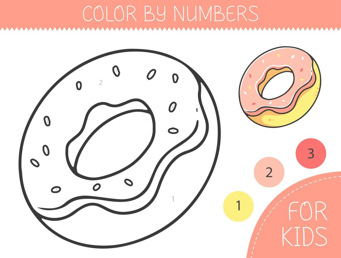 Couleur par Nombres coloration page pour des gamins avec Donut. coloration livre avec mignonne dessin animé Donut avec un exemple pour coloration. monochrome et Couleur versions. vecteur illustration.