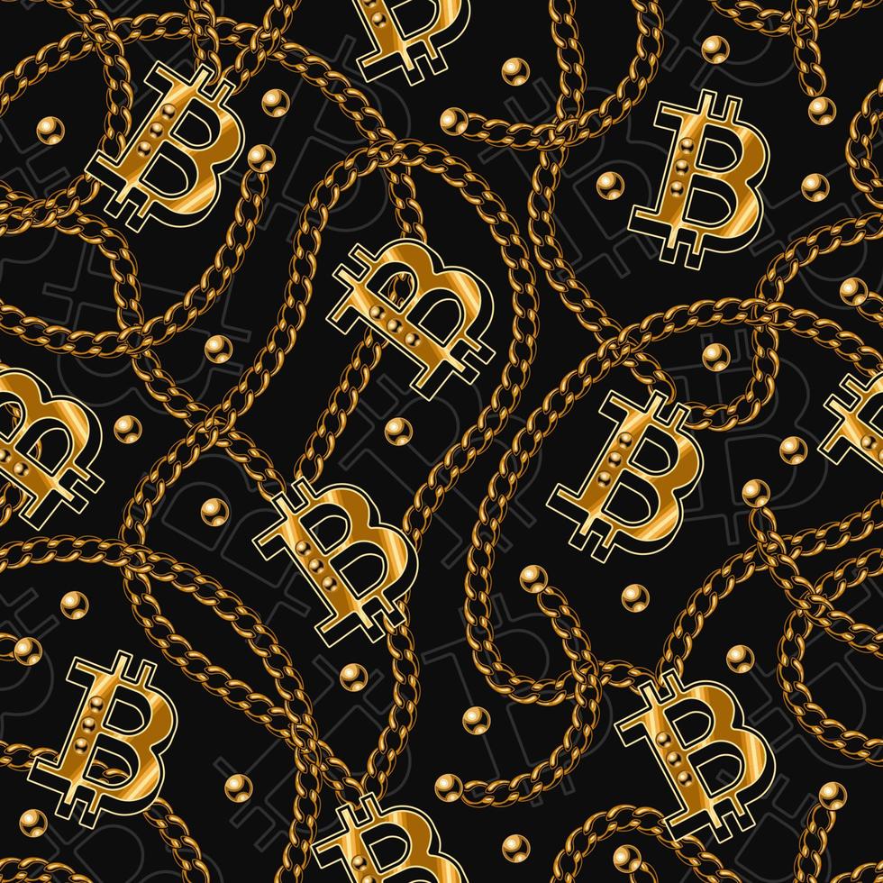 sans couture modèle avec brillant or bitcoin signe, métal classique Chaînes, perles sur une noir Contexte. concept de richesse et luxe. brillant vecteur illustration.