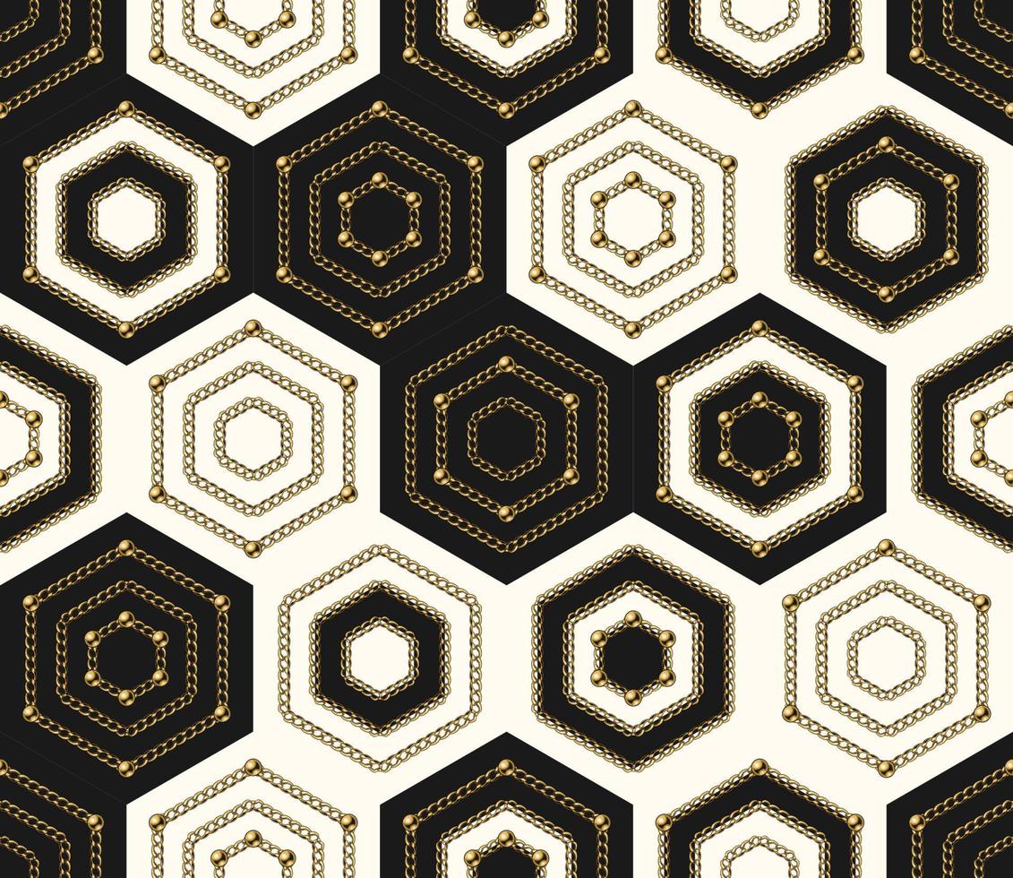 hexagonal la grille sans couture modèle avec or chaîne et perles sur noir Contexte. mode illustration. sans couture art déco modèle. vecteur illustration