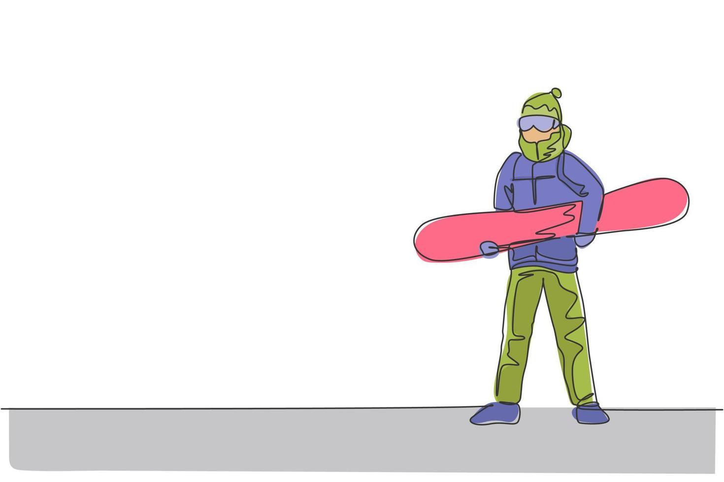 un dessin au trait continu d'un jeune snowboarder sportif tenant un snowboard dans la montagne de poudreuse enneigée des alpes. concept de sport de style de vie d'hiver. illustration graphique de vecteur de conception de dessin de ligne unique dynamique