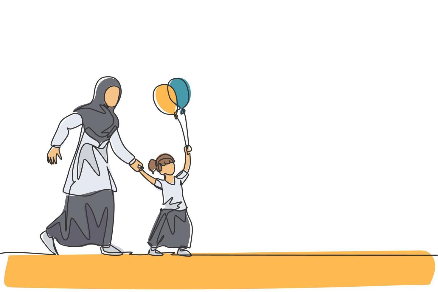 un seul dessin au trait d'une jeune maman et sa fille islamiques jouent et se promènent ensemble à l'illustration vectorielle du parc public. heureux concept parental de famille musulmane arabe. conception de dessin en ligne continue vecteur