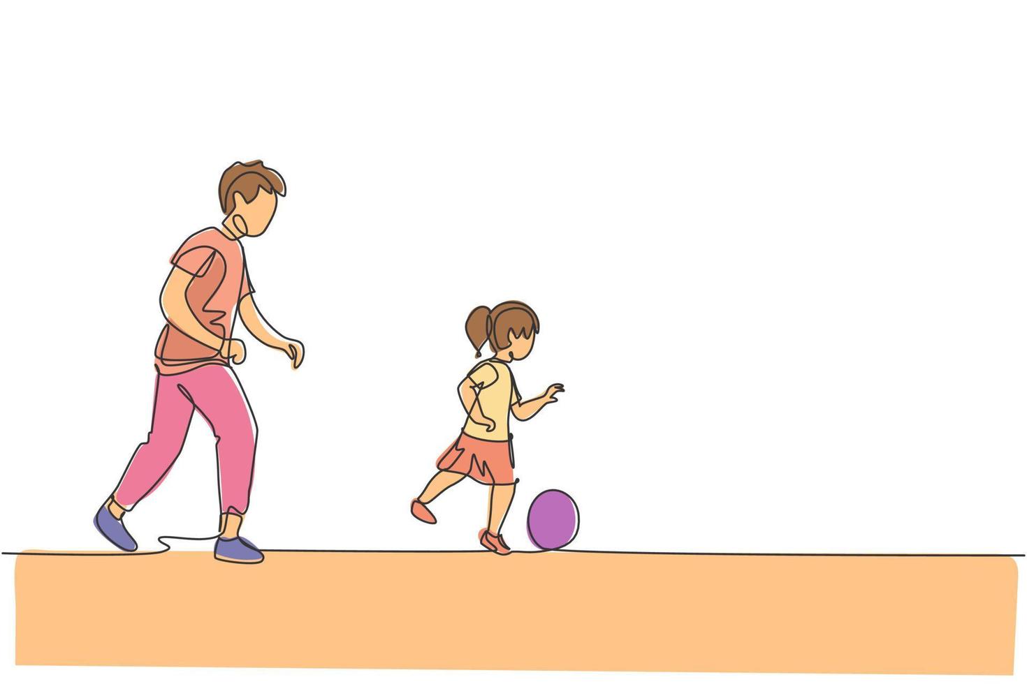 un seul dessin au trait d'un jeune père qui court et joue au football avec sa fille à l'illustration vectorielle du parc public. concept de parentalité familiale heureuse. conception de dessin de ligne continue moderne vecteur