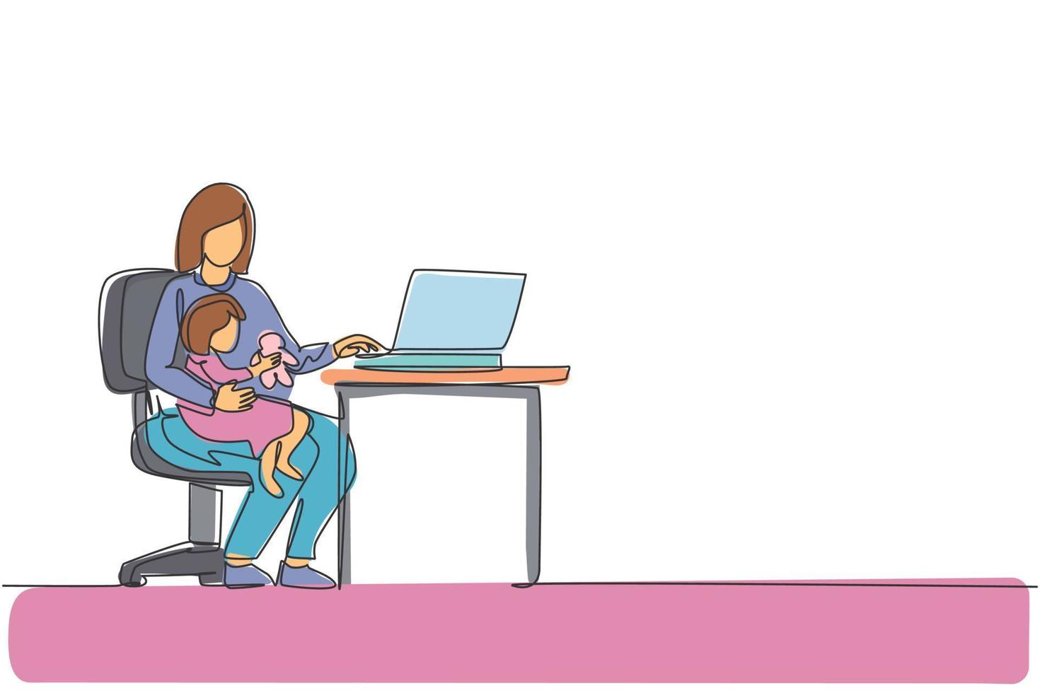 dessin au trait continu unique d'une jeune mère assise sur une chaise et tenant sa fille tout en tapant sur un ordinateur portable, travail à domicile. concept de parentalité familiale heureuse. une ligne dessiner illustration vectorielle de conception vecteur