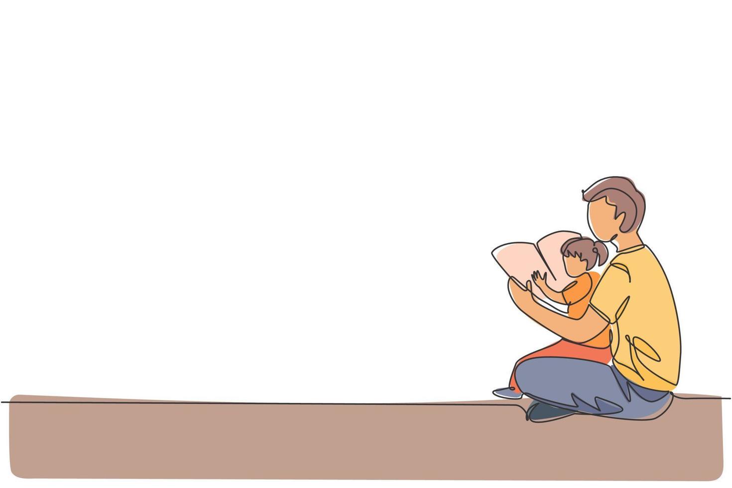 un dessin au trait continu d'un jeune père assis par terre et lisant un livre d'histoires à sa fille à la maison. concept de parentalité familiale heureuse. illustration vectorielle de conception graphique à une seule ligne dynamique vecteur