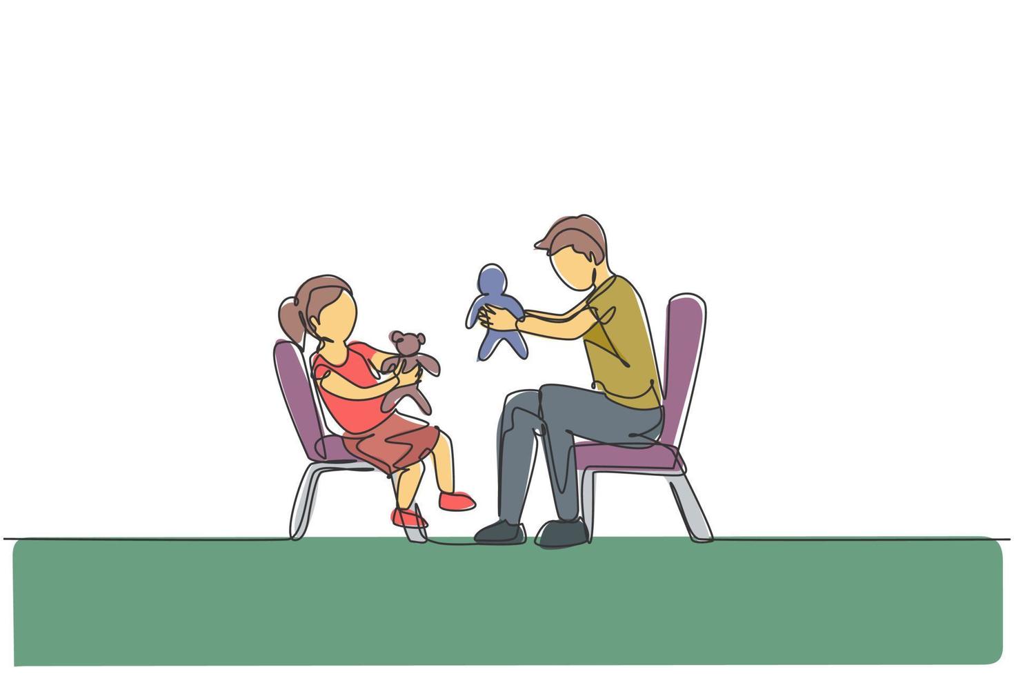 une ligne continue dessinant un jeune père et sa fille assis sur une chaise et jouant ensemble à la poupée princesse à la maison. concept de famille heureuse. illustration vectorielle graphique de conception de dessin à une seule ligne dynamique vecteur