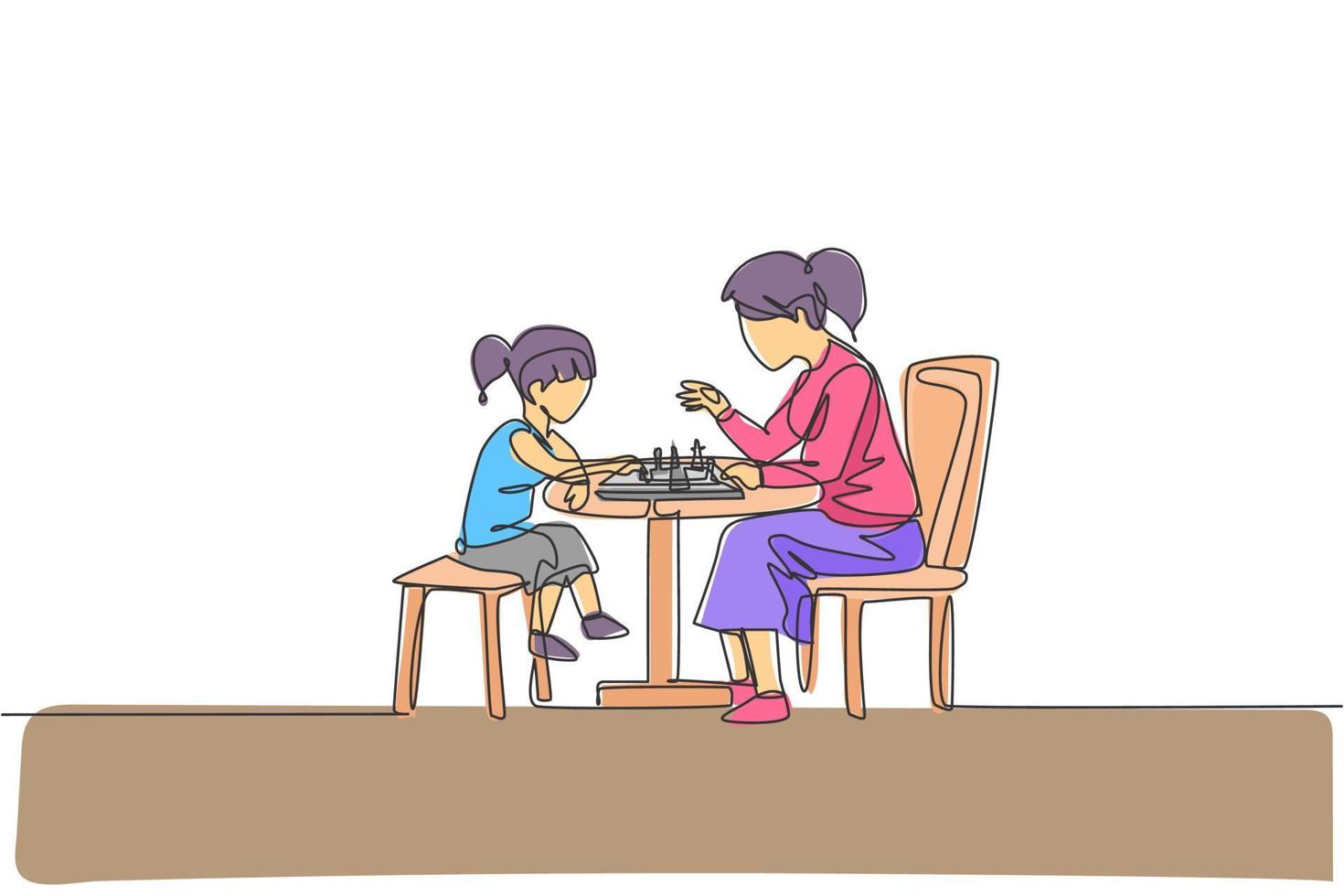 un seul dessin d'une jeune maman et de son fils assis sur une chaise et jouant aux échecs ensemble à la maison illustration vectorielle. concept de liaison familiale heureuse. graphique de conception de dessin de ligne continue moderne vecteur