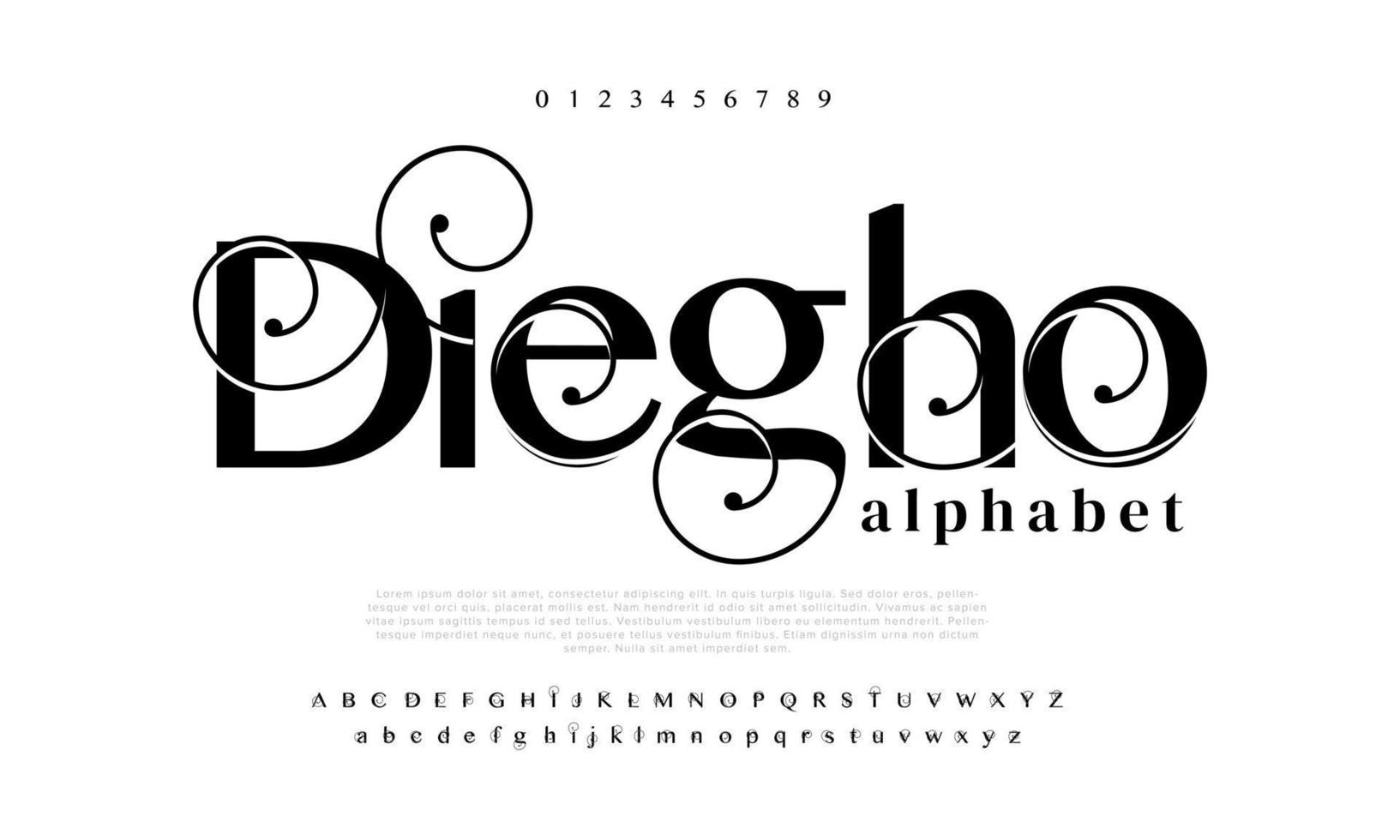 luxe diego mode Police de caractère alphabet. minimal moderne Urbain polices pour logo, marque etc. typographie police de caractères majuscule minuscule et nombre. vecteur illustration