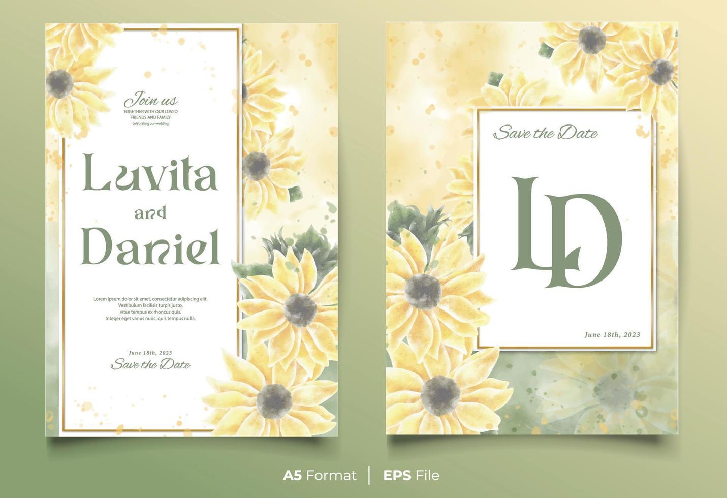 modèle d'invitation de mariage aquarelle avec ornement fleur jaune et vert vecteur
