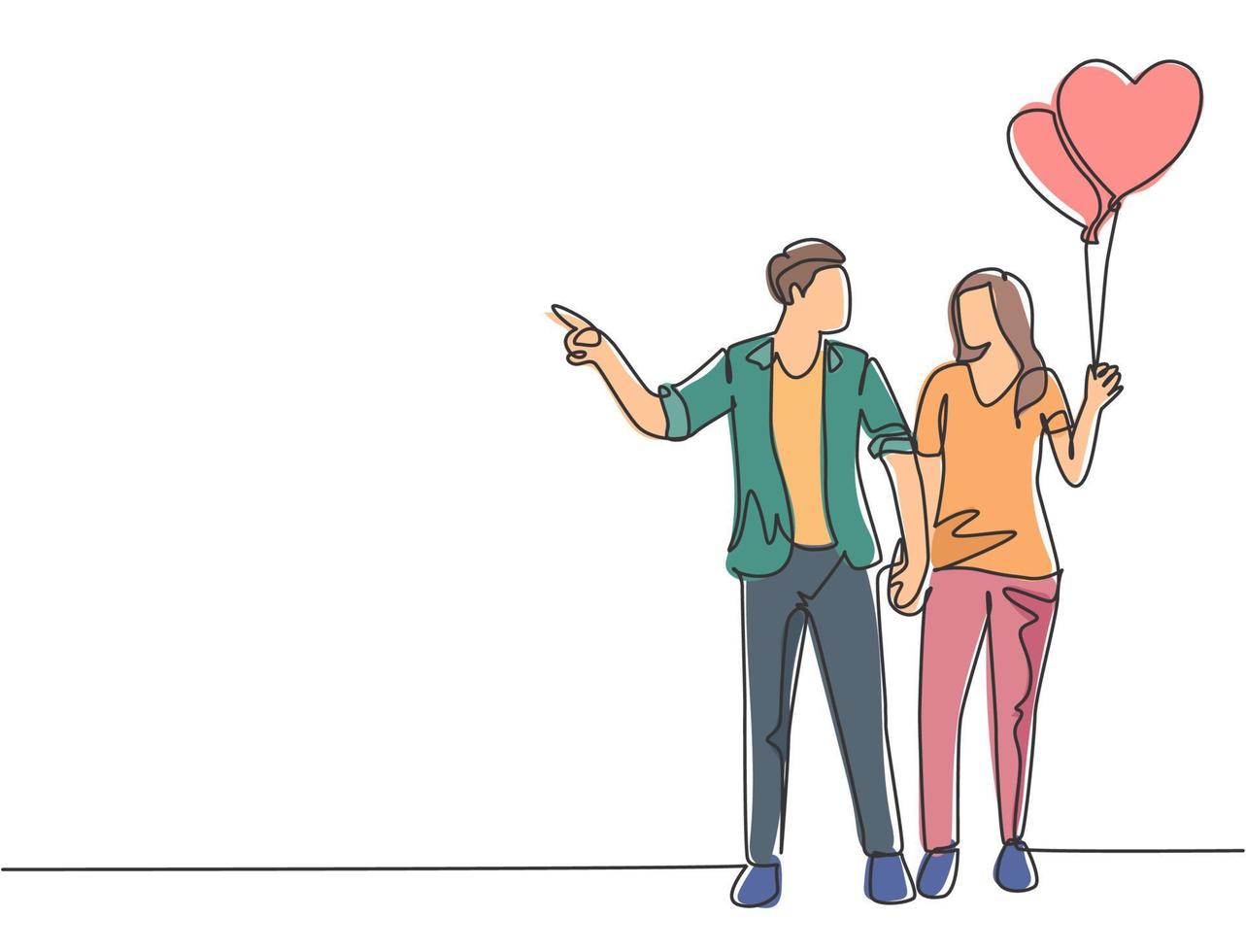 un seul dessin au trait d'un jeune couple heureux homme et femme se promène ensemble et tient un ballon en forme de coeur. mariage romantique amour concept ligne continue dessiner illustration vectorielle de conception vecteur