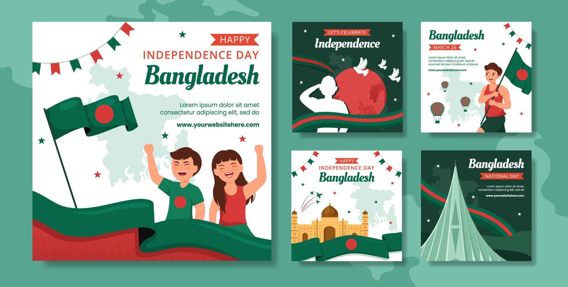 content indépendance bangladesh journée social médias Publier plat dessin animé main tiré modèles illustration vecteur