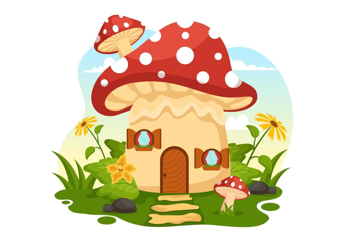 champignons illustration avec différent champignon, herbe et insectes pour la toile bannière ou atterrissage page dans plat dessin animé main tiré modèles vecteur