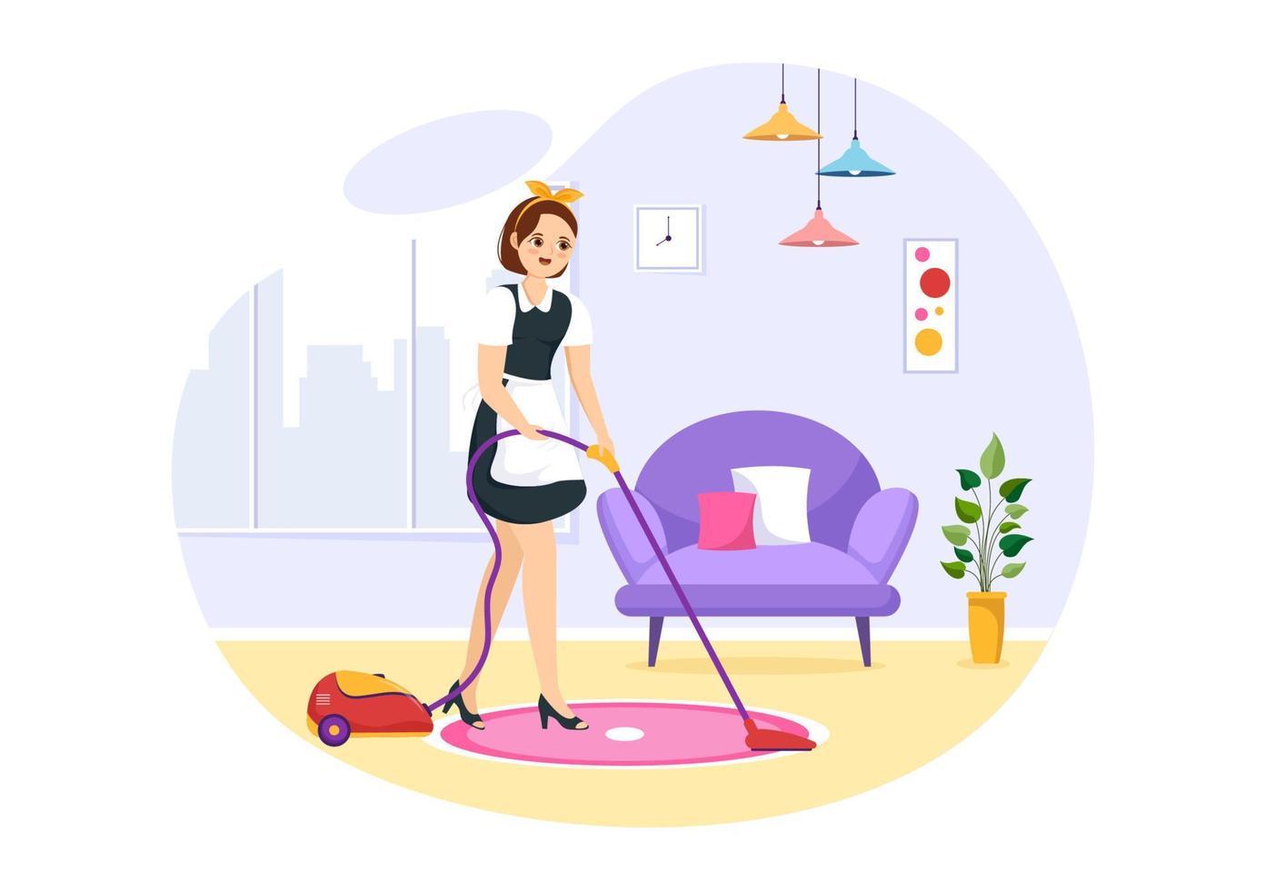 professionnel fille Femme de ménage illustration de nettoyage un service portant sa uniforme avec tablier pour nettoyer une maison dans plat dessin animé main tiré modèles vecteur
