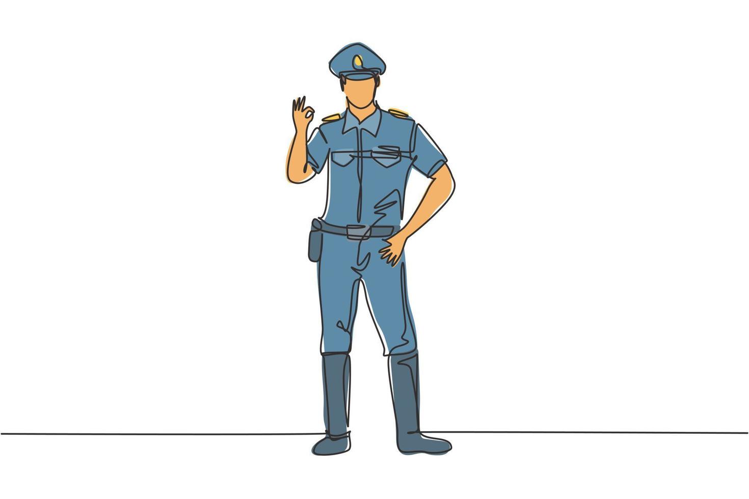 Un policier continu de dessin au trait debout avec un geste correct et un uniforme complet travaille pour contrôler la circulation des véhicules sur l'autoroute. veille en patrouille. illustration graphique de vecteur de conception de dessin à une seule ligne