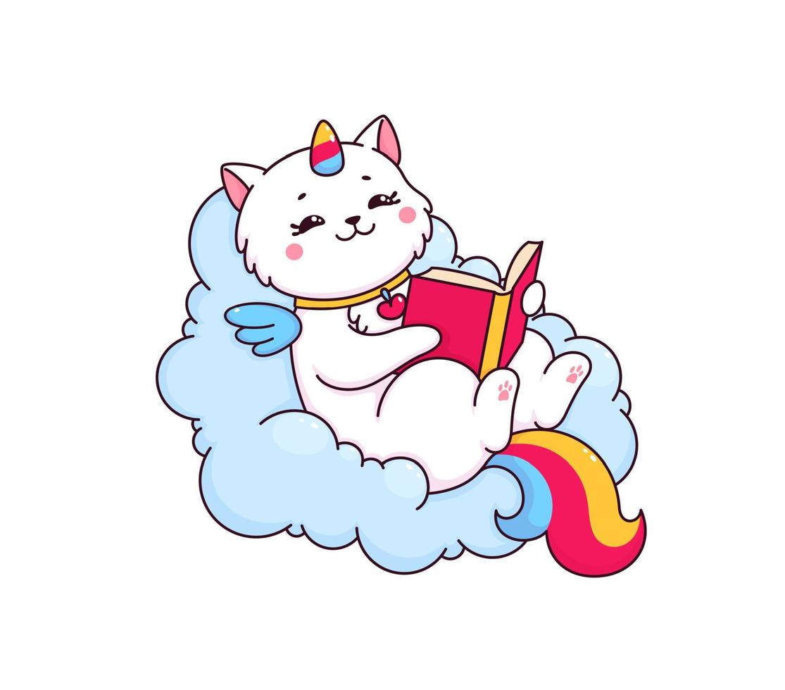 dessin animé mignonne caticorn personnage en train de lire une livre vecteur