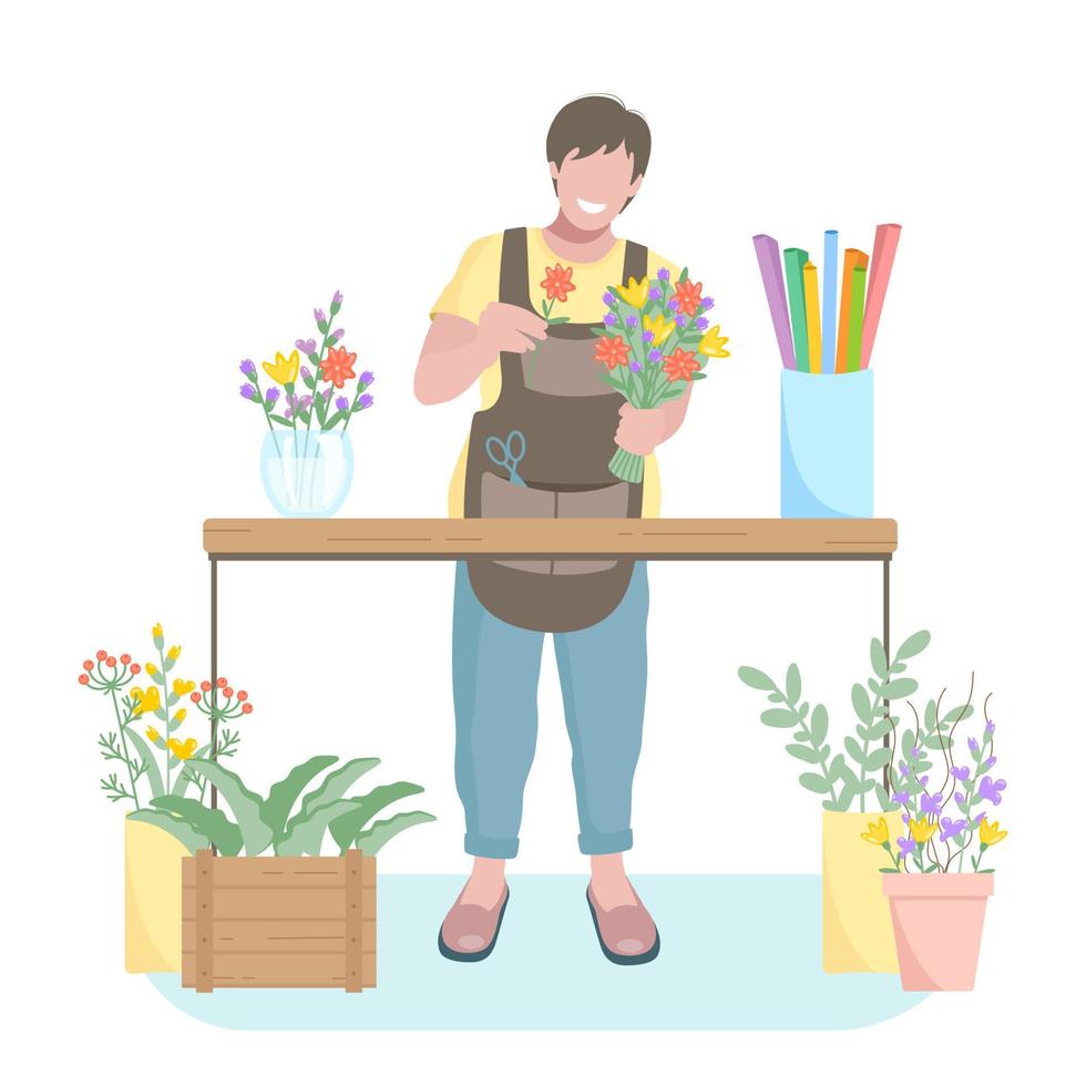 une homme fleuriste assemble une bouquet dans le sien atelier vecteur