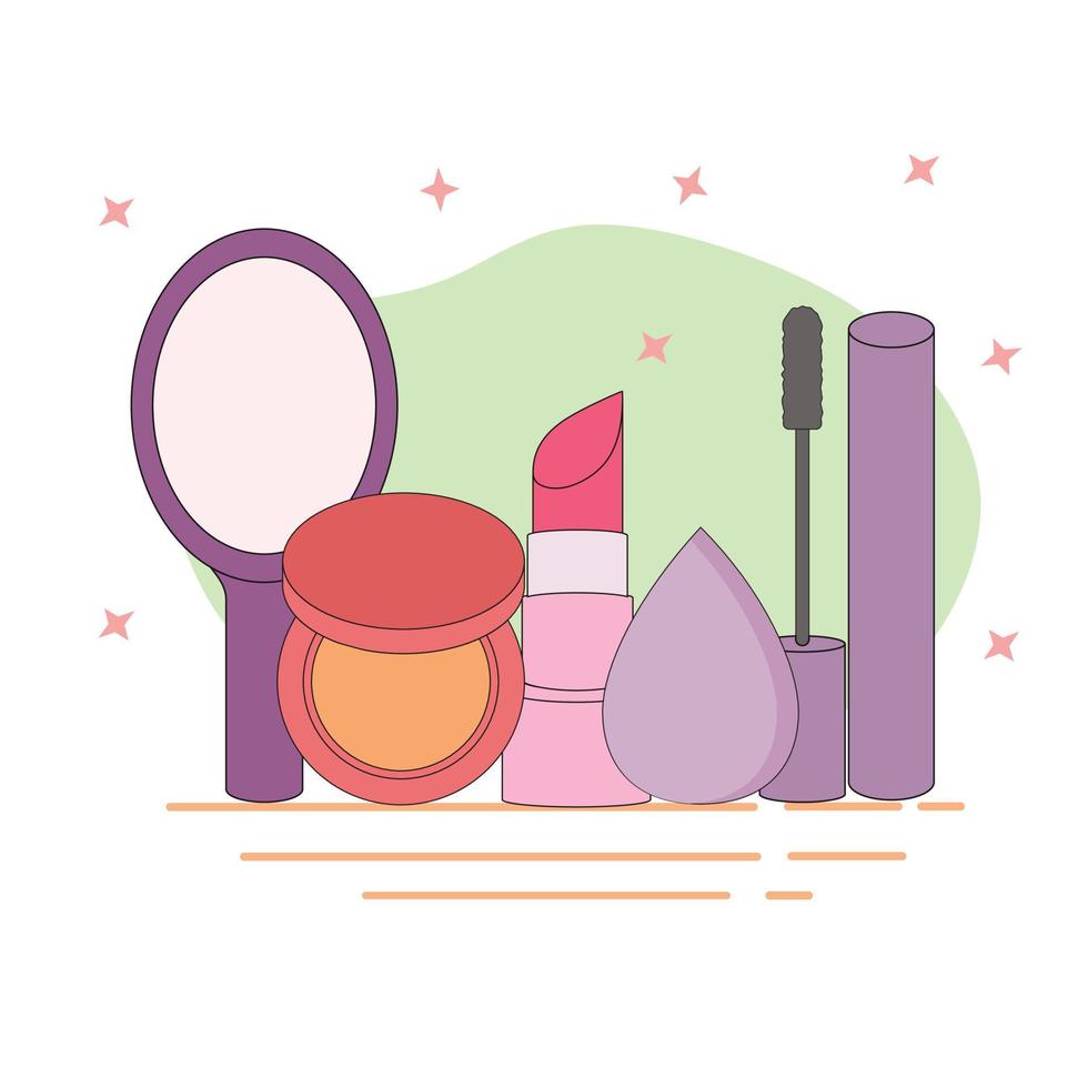 maquillage avec miroir, compact poudre, rouge à lèvres et mascara vecteur