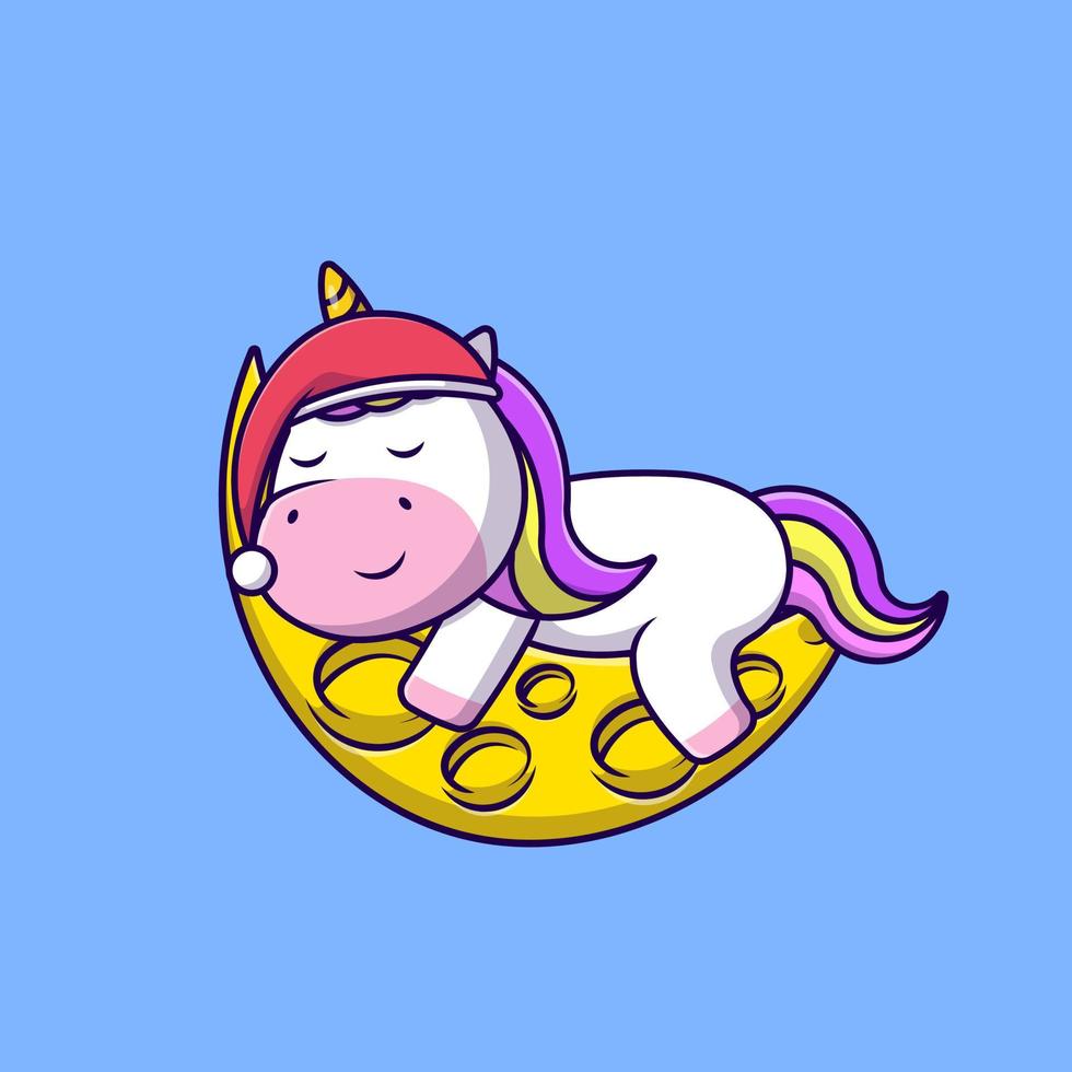 mignonne Licorne en train de dormir sur lune portant bonnet chapeau dessin animé vecteur Icônes illustration. plat dessin animé concept. adapté pour tout Créatif projet.