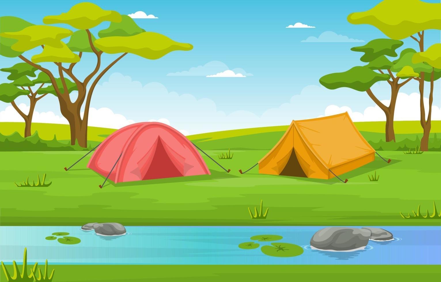 tentes de camping à côté de la rivière et des arbres vecteur