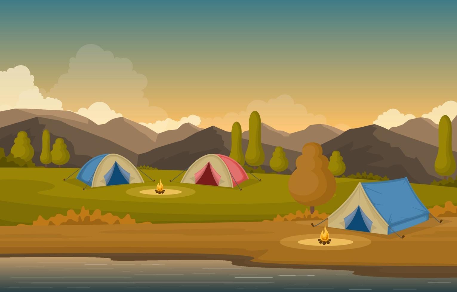 tentes de camping et feux de camp dans les montagnes vecteur