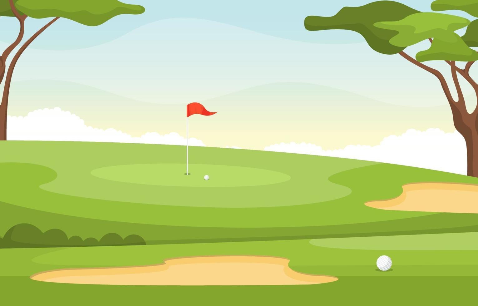 terrain de golf avec drapeau rouge, arbres, pièges à sable et balle de golf vecteur
