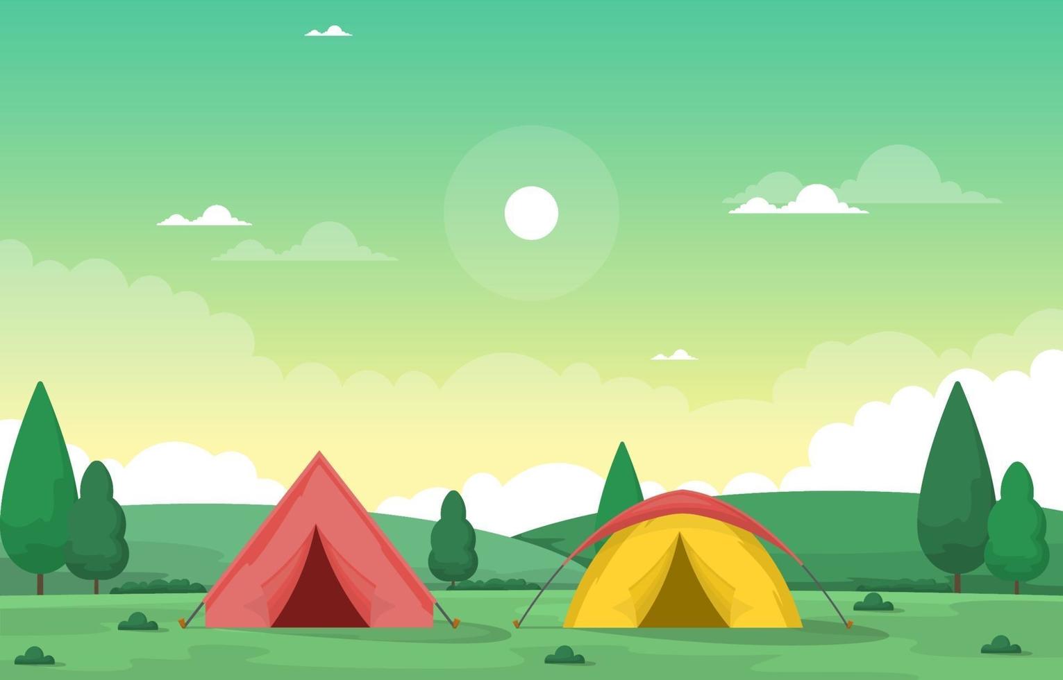 tentes de camping dans un parc avec arbres et soleil vecteur