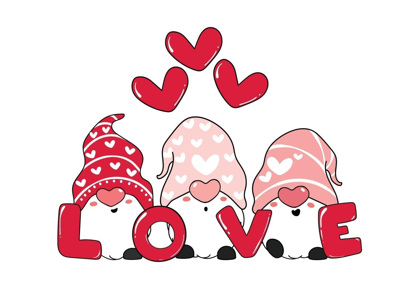 mignon trois gnomes roses et texte d'amour avec des coeurs, Saint Valentin, illustration de vecteur de dessin animé pour carte de voeux, t-shirt, vêtements imprimables