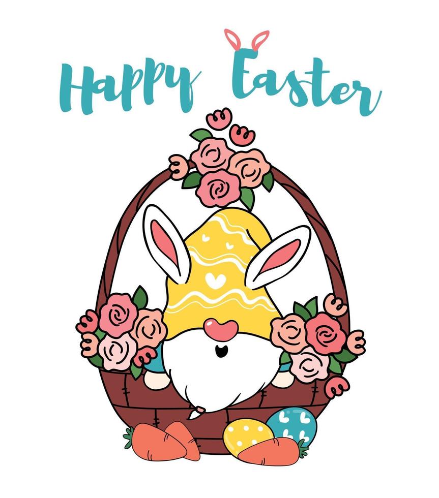 mignon lapin gnome dans le panier de fleurs d'oeuf, vecteur de doodle de dessin animé joyeuses Pâques