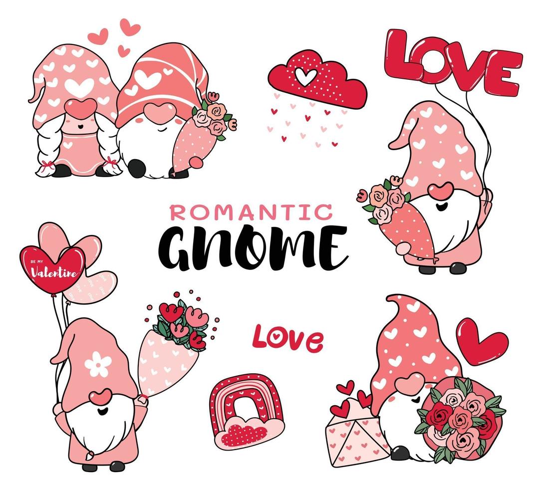 mignons gnomes romantiques de la Saint-Valentin dans la collection de vecteur de dessin animé de chapeaux roses, bonne idée de Saint-Valentin pour carte de voeux, t-shirt, vêtements imprimables