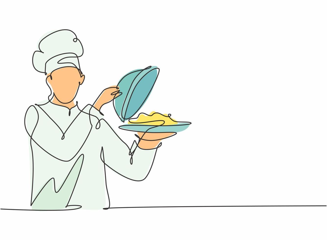 dessin d'une seule ligne d'un jeune chef masculin séduisant servant une cuisine délicieuse au restaurant. tenant et ouvrant le plateau cloche modèle moderne une ligne dessinés à la main illustration vectorielle style minimalisme vecteur