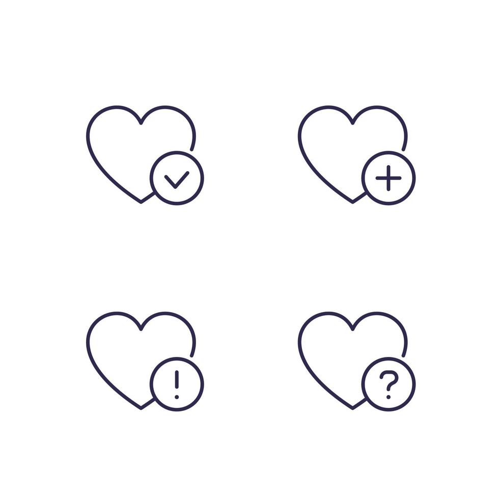 coeur et tique, plus, point d'exclamation, icônes de ligne vectorielle.eps vecteur